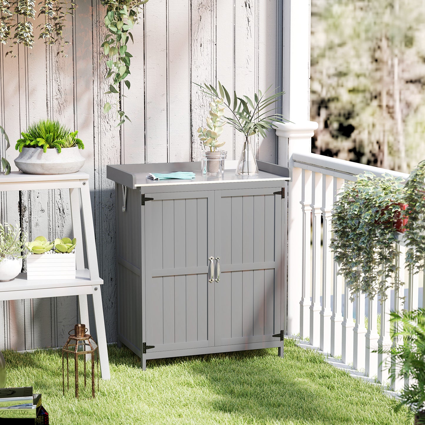 Grey Wooden Garden Shed, Outdoor Tool Storage with Hinged Roof, Shelf, and Double Doors