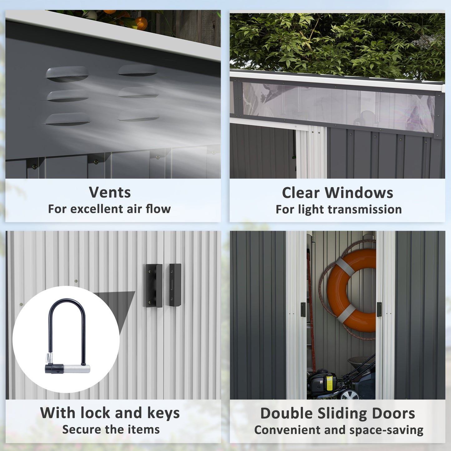 6.5 x 4ft Grey Galvanized Metal Shed with Foundation Kit, Lockable Garden Tool Shed, Double Sliding Doors, and Vents