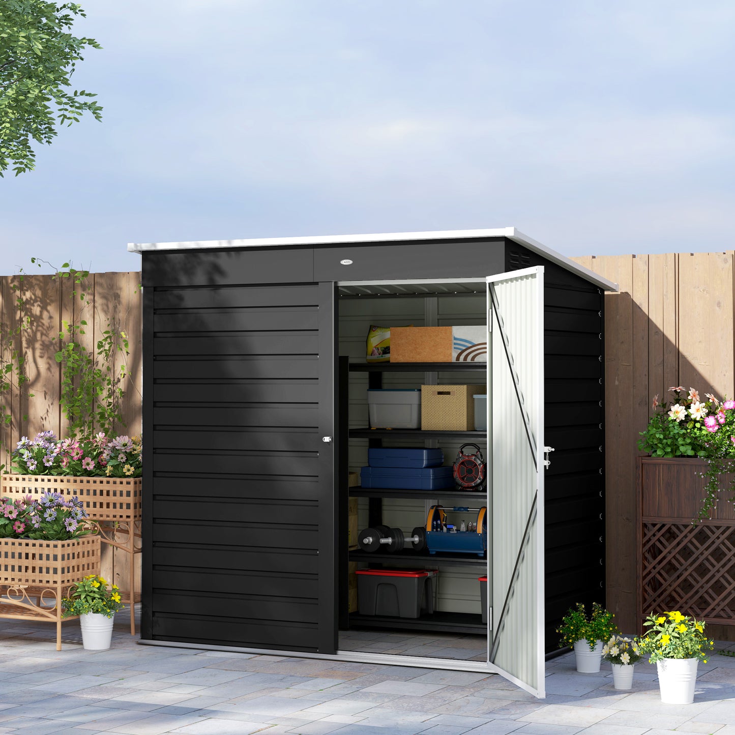 6 x 4ft Dark Grey Metal Garden Shed, Lockable Door, Gloves, for Outdoor Tool Storage