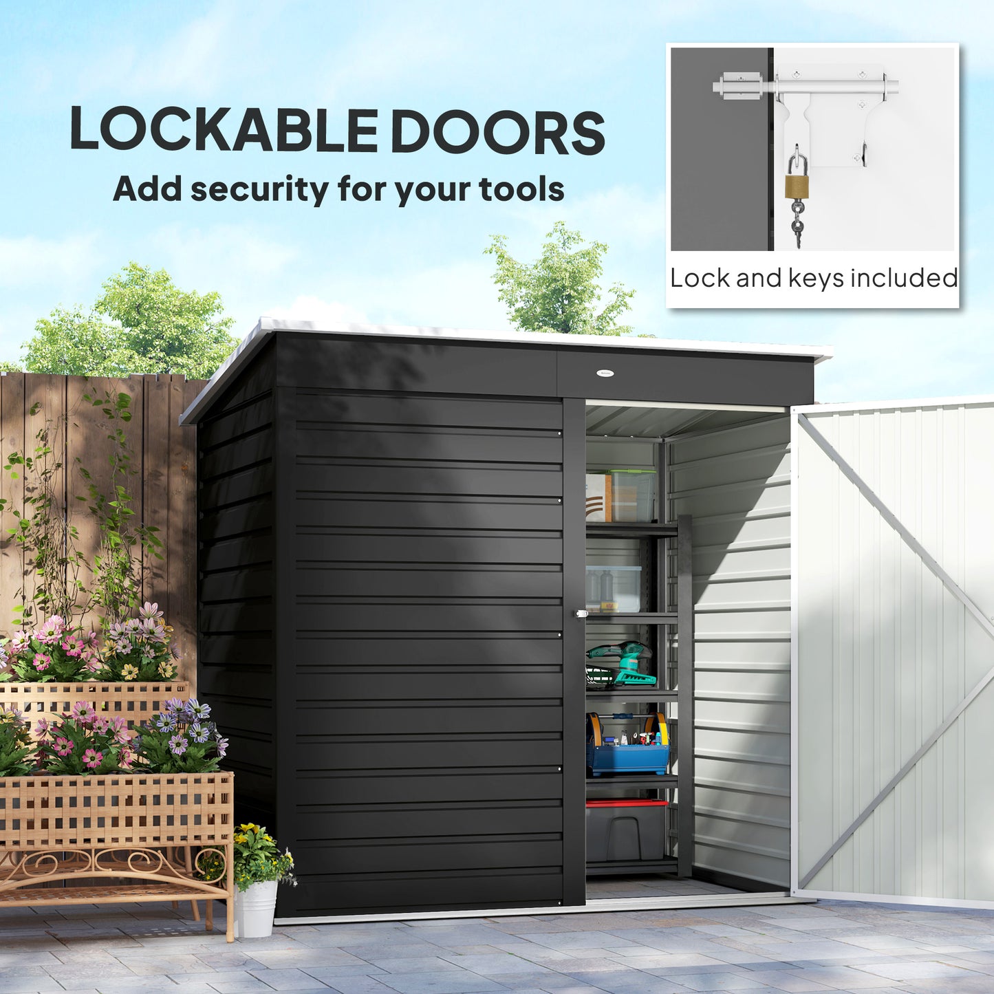 6 x 4ft Dark Grey Metal Garden Shed, Lockable Door, Gloves, for Outdoor Tool Storage