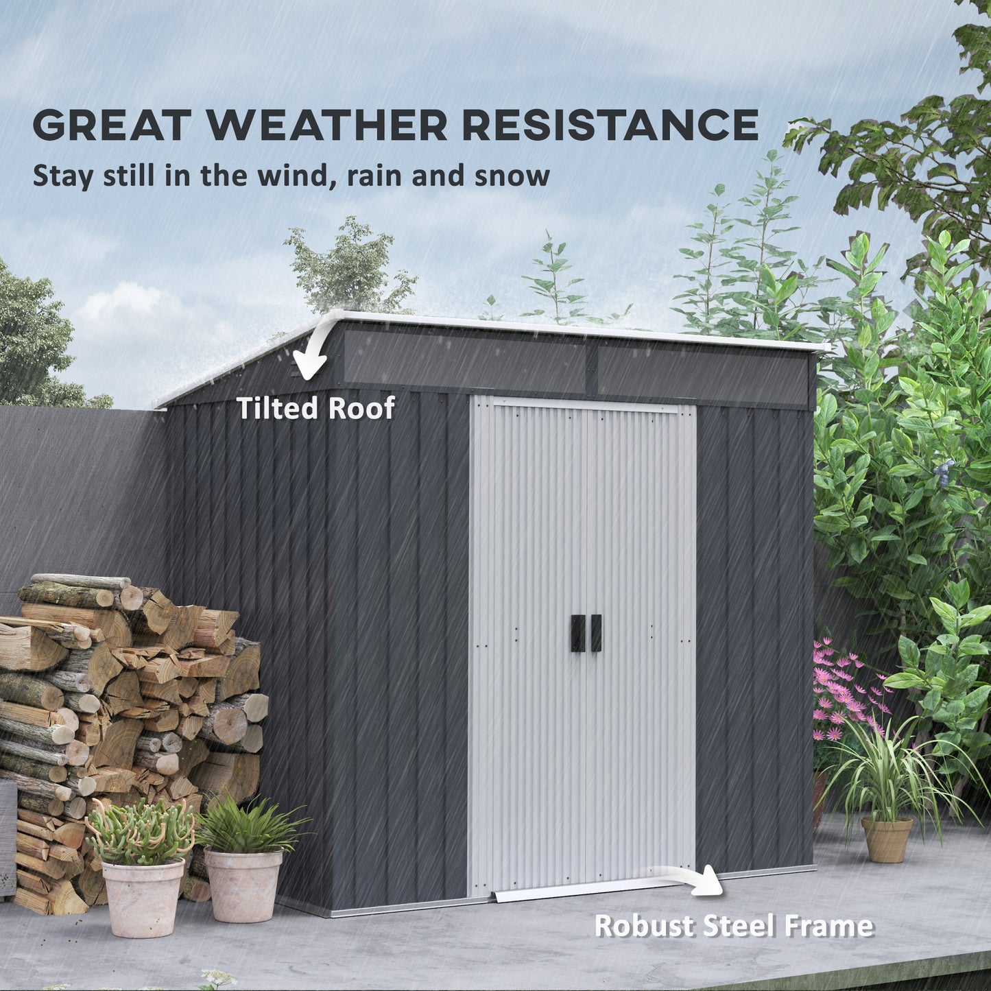 6.5 x 4ft Grey Galvanized Metal Shed with Foundation Kit, Lockable Garden Tool Shed, Double Sliding Doors, and Vents