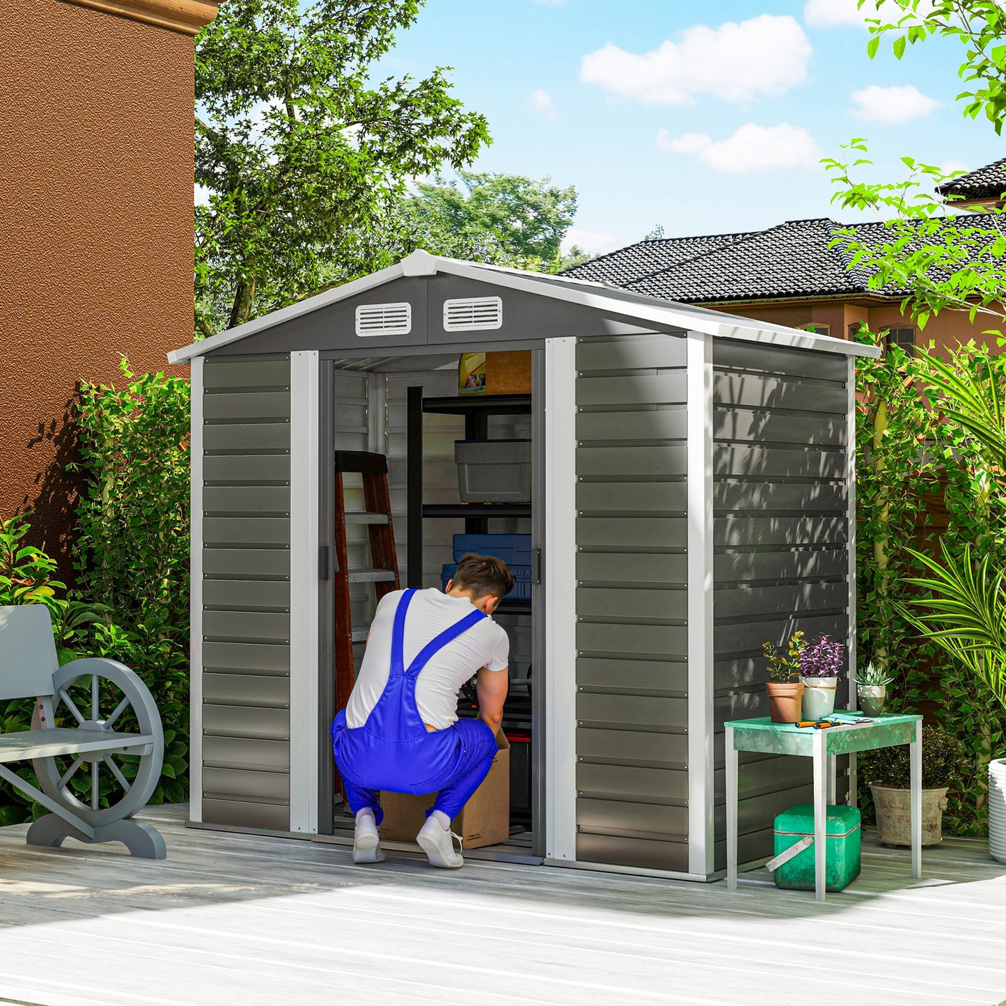 7 x 4ft Dark Grey Garden Shed, Easy Assembly, Galvanized Steel Frame, Foundation Kit, Lockable Double Doors, Vents, and Gloves