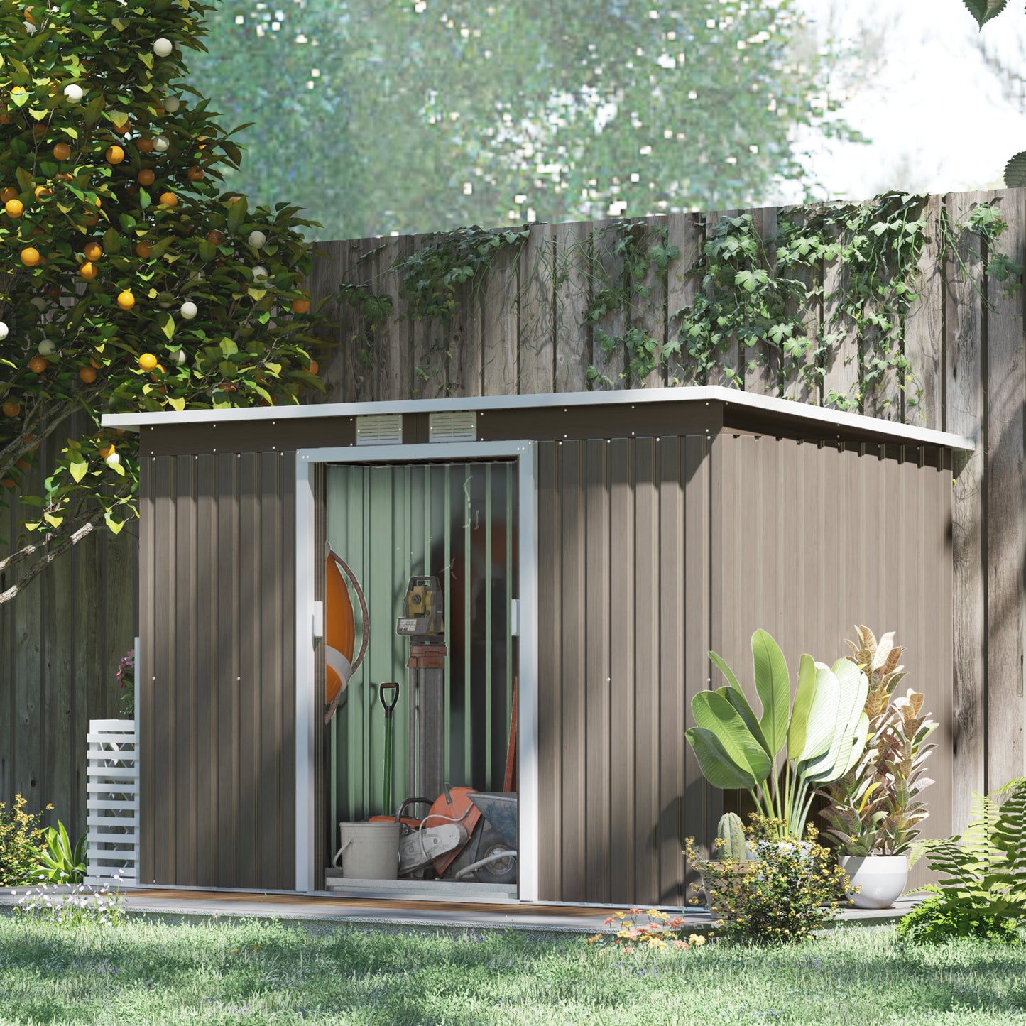 9ft x 4ft Light Grey Wood Grain Metal Garden Shed, Outdoor Tool Storage with Foundation Kit, Ventilation, and Double Doors