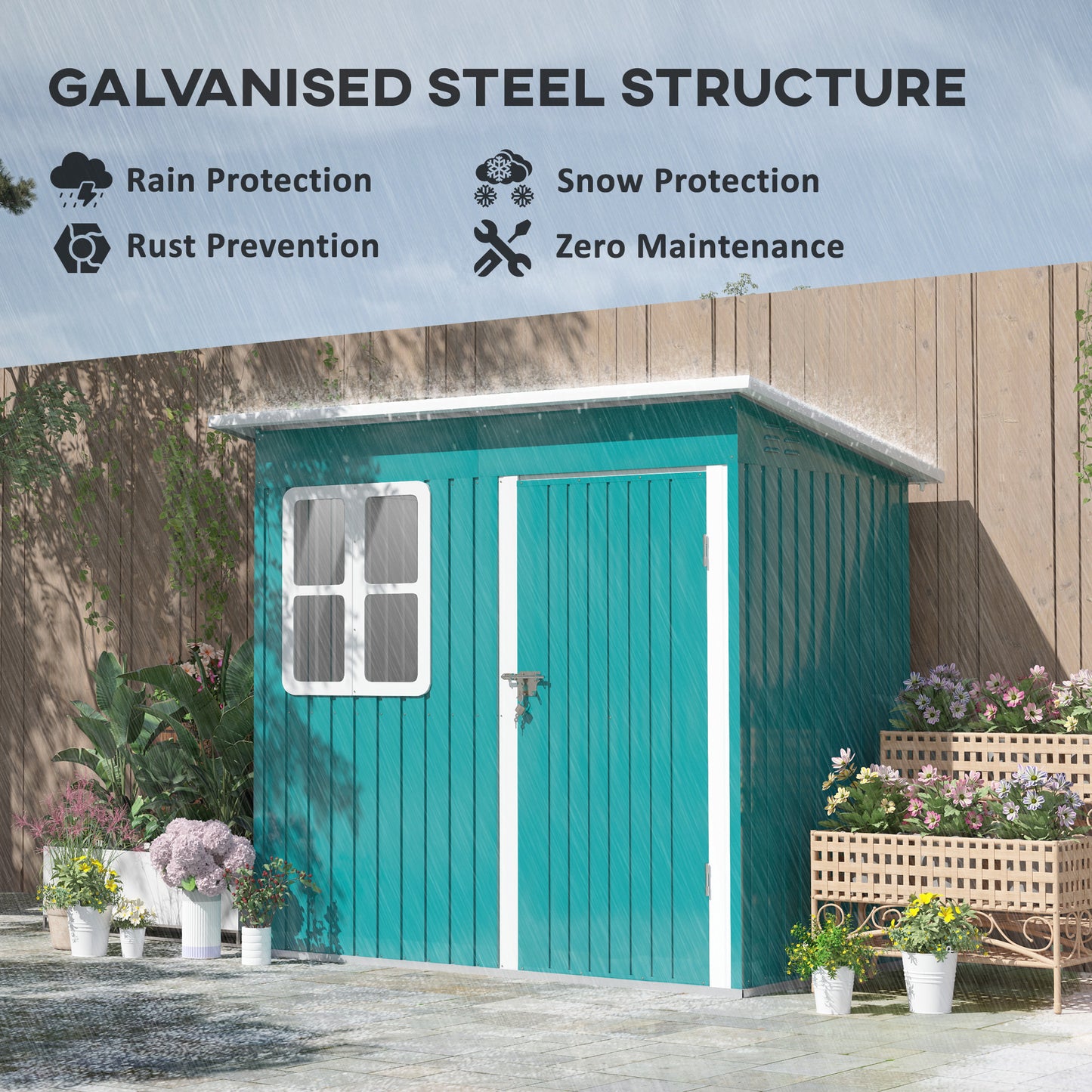 7 x 4ft Green Galvanized Steel Garden Shed with Lock and Gloves