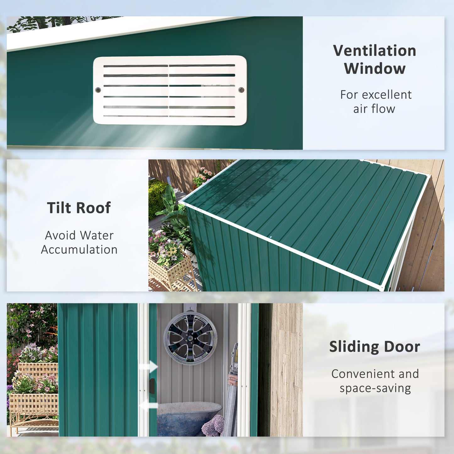 7 x 5ft Green Galvanized Metal Shed with Sliding Door