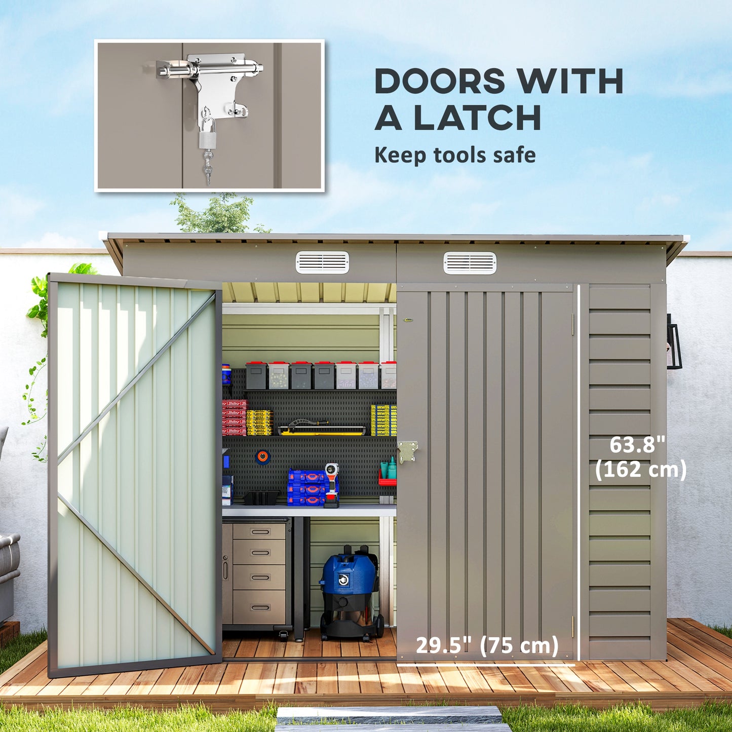 3.7 x 7.9ft Light Grey Galvanized Steel Shed with Latched Door and Padlock