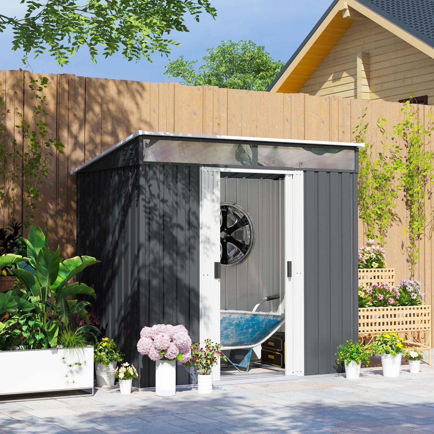 6.5 x 4ft Grey Galvanized Metal Shed with Foundation Kit, Lockable Garden Tool Shed, Double Sliding Doors, and Vents