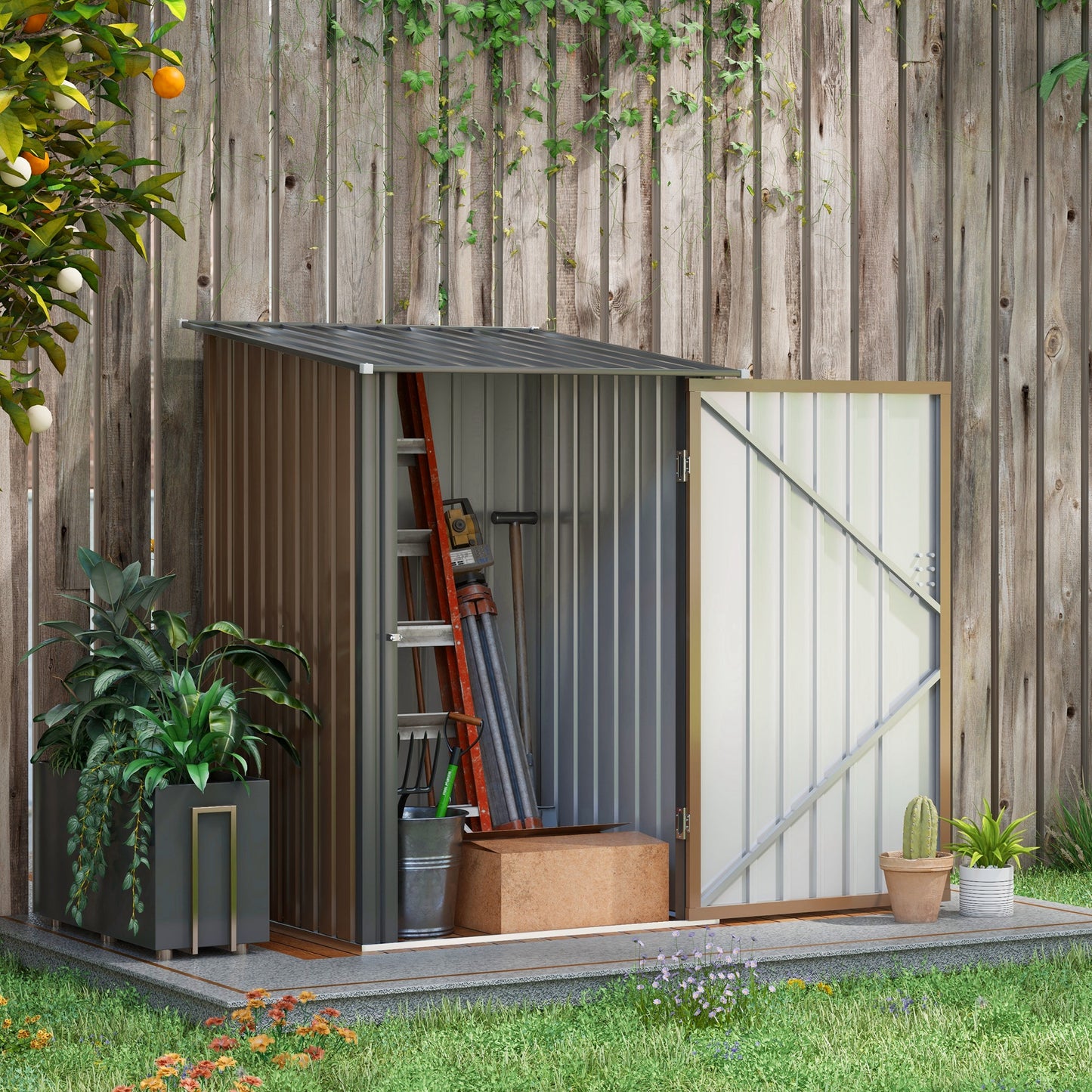 3.3 x 3.4ft Lean-To Steel Garden Shed with Locking Door - Brown/Grey