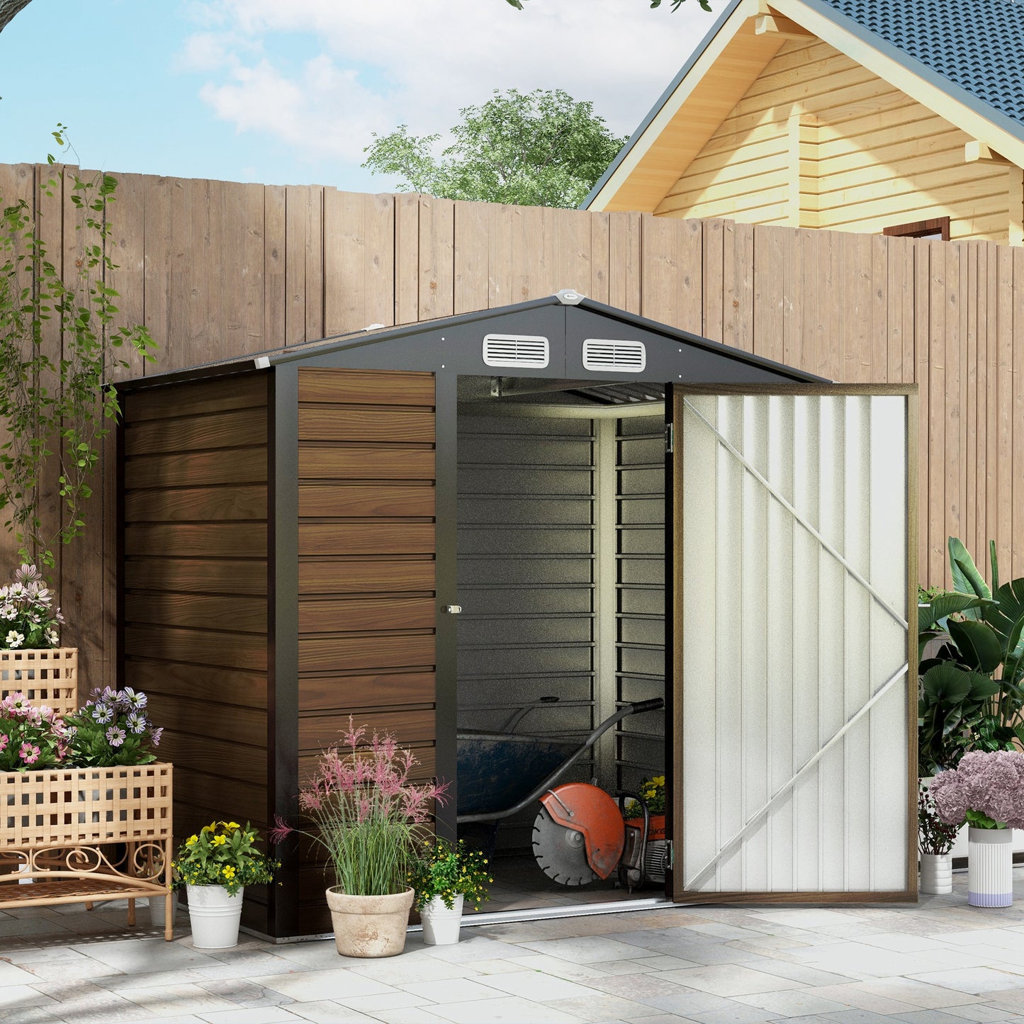 4 x 6ft Oak Galvanized Steel Garden Shed with Lock and Gloves