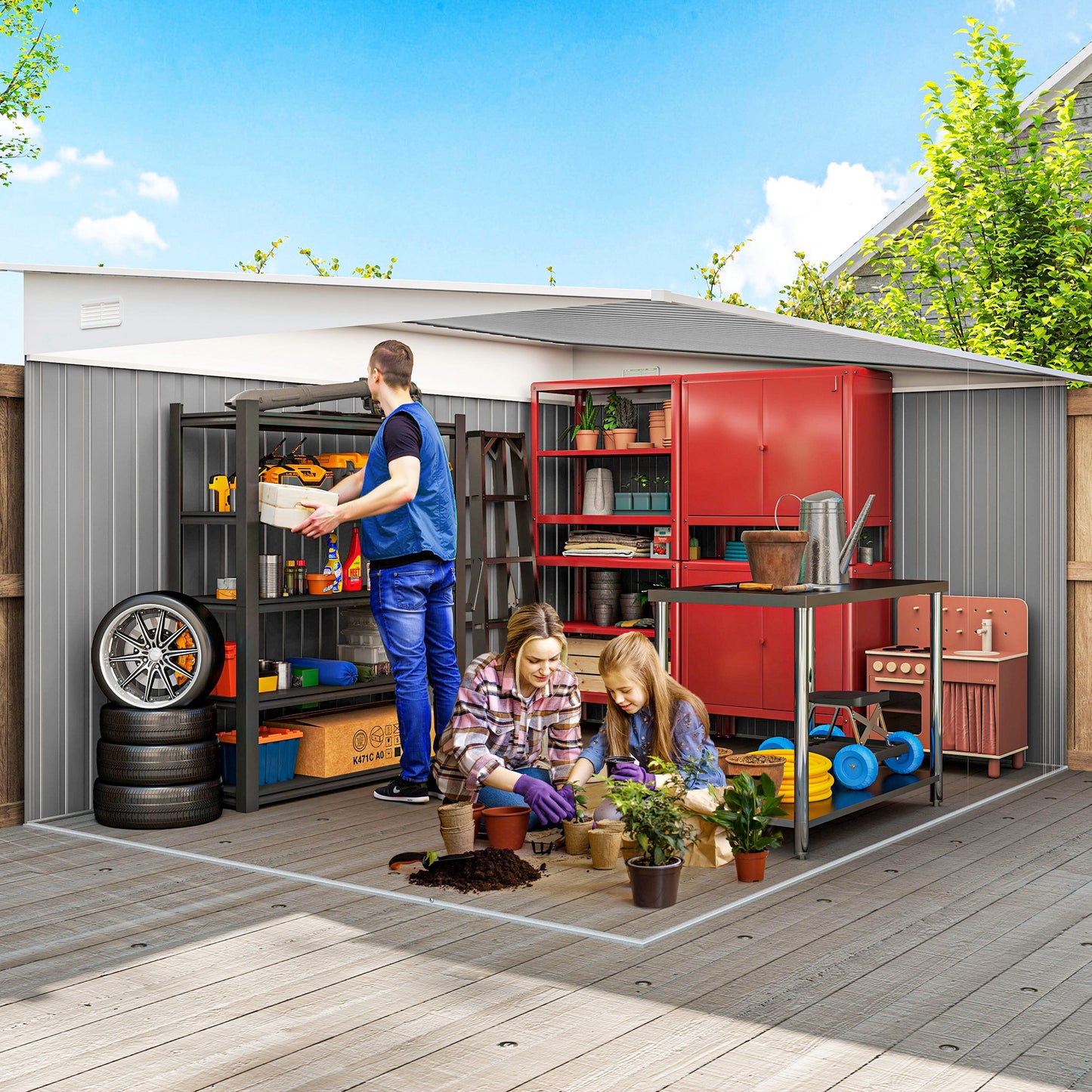 Garden Metal Storage Shed Outdoor Metal Tool House with Double Sliding Doors and 2 Air Vents, 11.3x9.2ft, Green