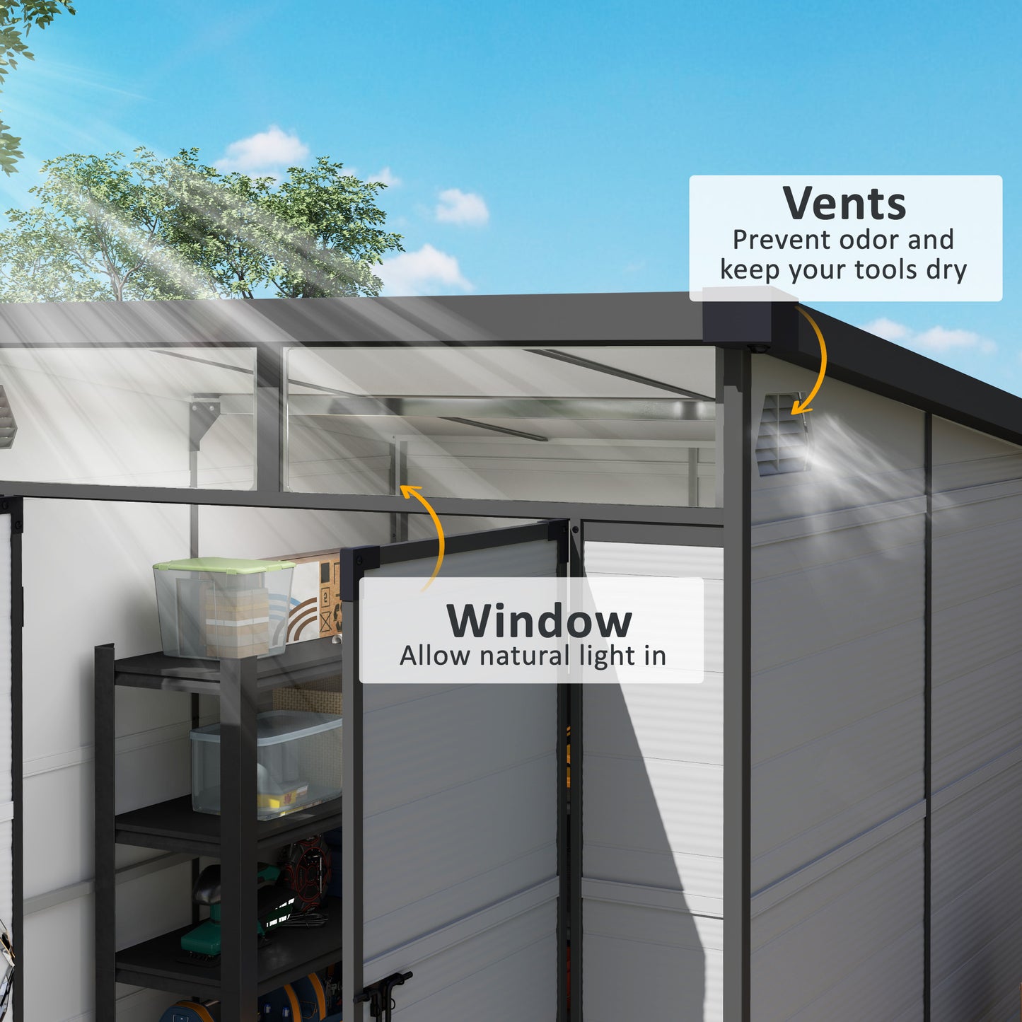 6 x 6ft Light Grey Outdoor Storage Shed, Plastic with Windows, Vents, and Latch Doors for Garden or Deck