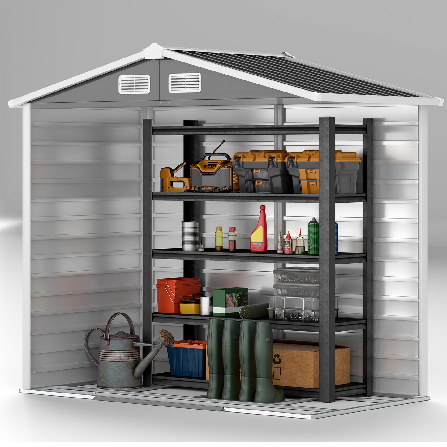 7 x 4ft Dark Grey Garden Shed, Easy Assembly, Galvanized Steel Frame, Foundation Kit, Lockable Double Doors, Vents, and Gloves