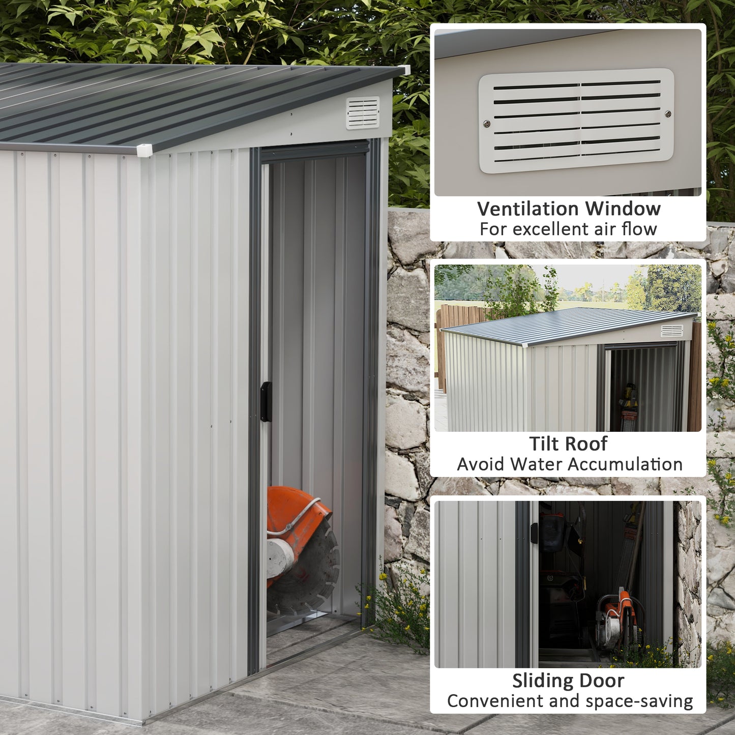 7 x 5ft White Galvanized Metal Shed with Sliding Door