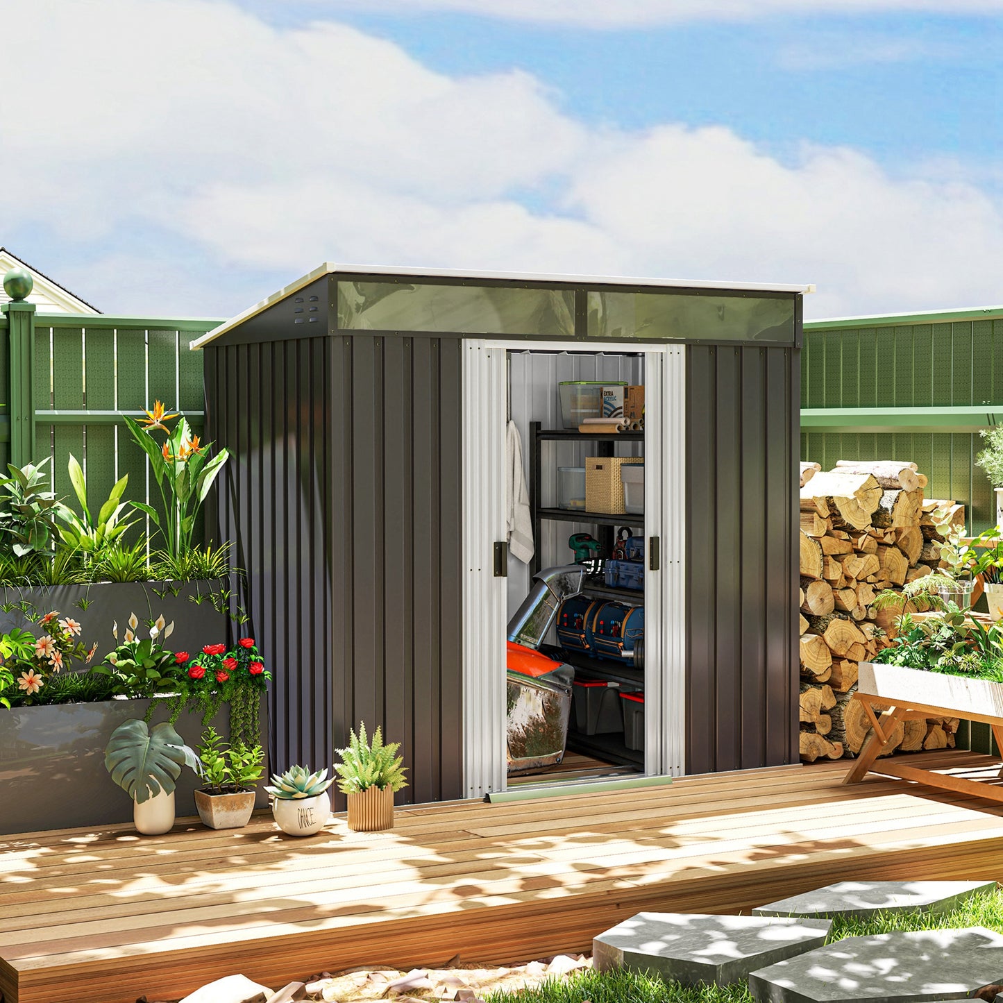 6.5 x 4ft Grey Galvanized Metal Shed with Foundation Kit, Lockable Garden Tool Shed, Double Sliding Doors, and Vents