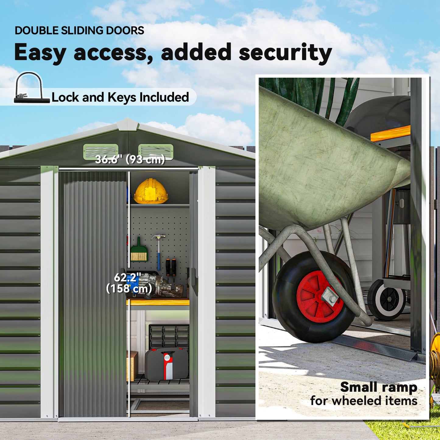 7 x 4ft Dark Grey Garden Shed, Easy Assembly, Galvanized Steel Frame, Foundation Kit, Lockable Double Doors, Vents, and Gloves