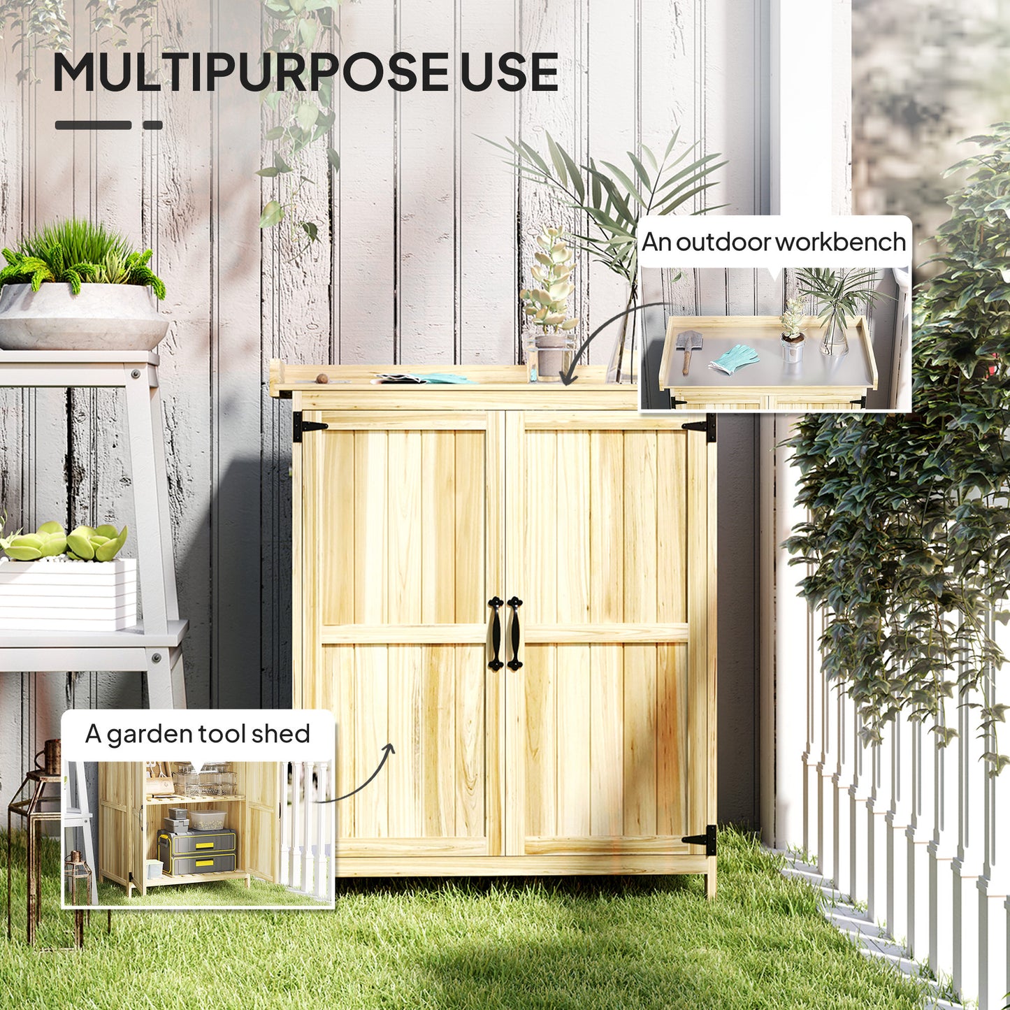 43 x 74cm Fir Wood Shed with Metal Worktop - Natural Finish