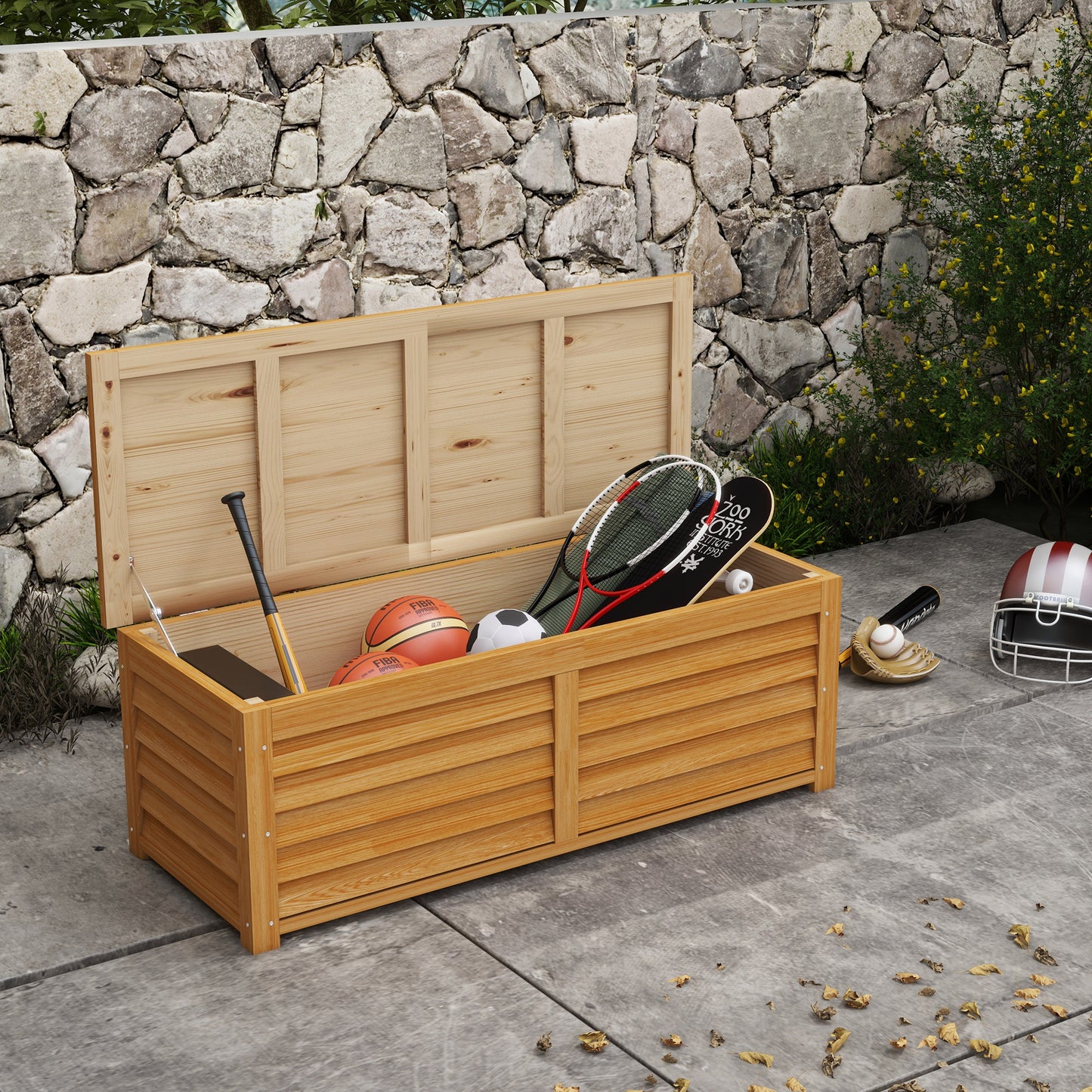 292L Light Brown Outdoor Storage Box, Wooden Deck Box for Garden, Balcony, Porch, and Poolside