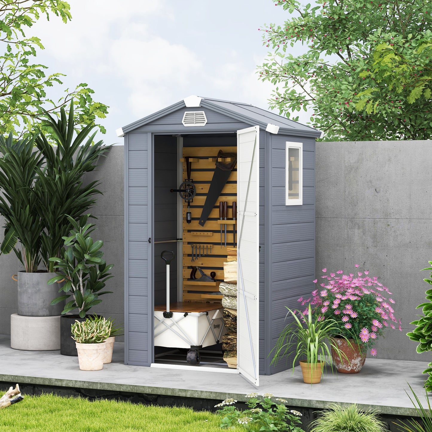 4.4ft x 3.3ft Grey Shed with Aluminium Frame, Plastic Walls, and Foundation