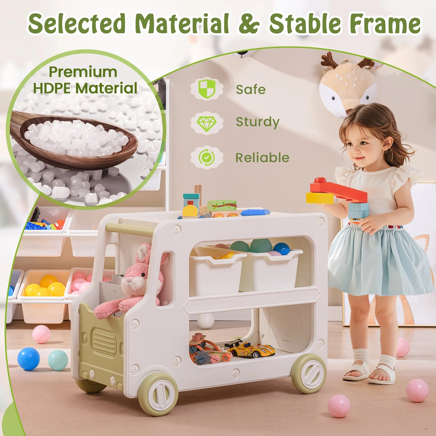 Kids Storage Organizer, 2 in 1 Car Shaped Cabinet w/Safe HDPE Frame, 2-tier Opening Shelf