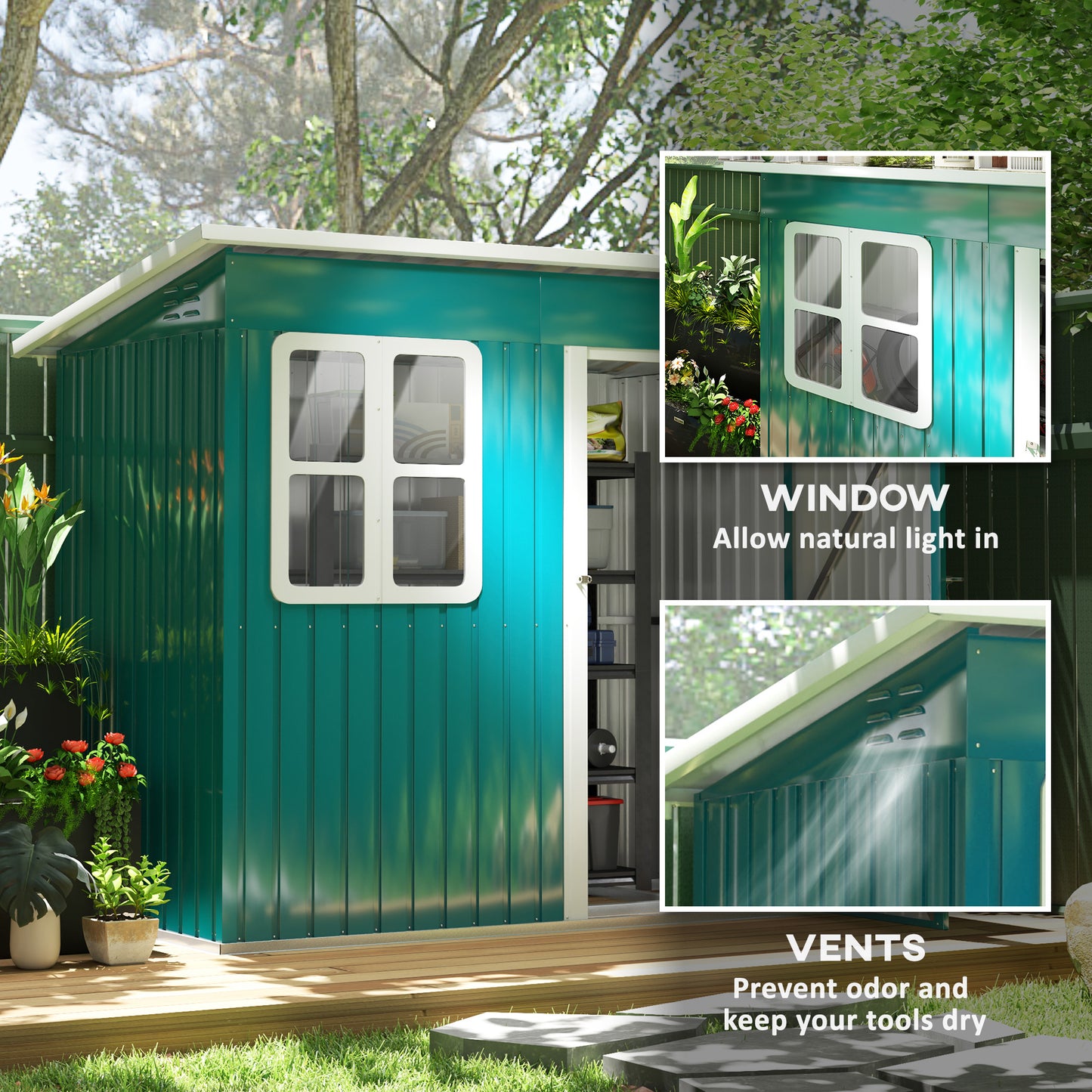 7 x 4ft Green Galvanized Steel Garden Shed with Lock and Gloves