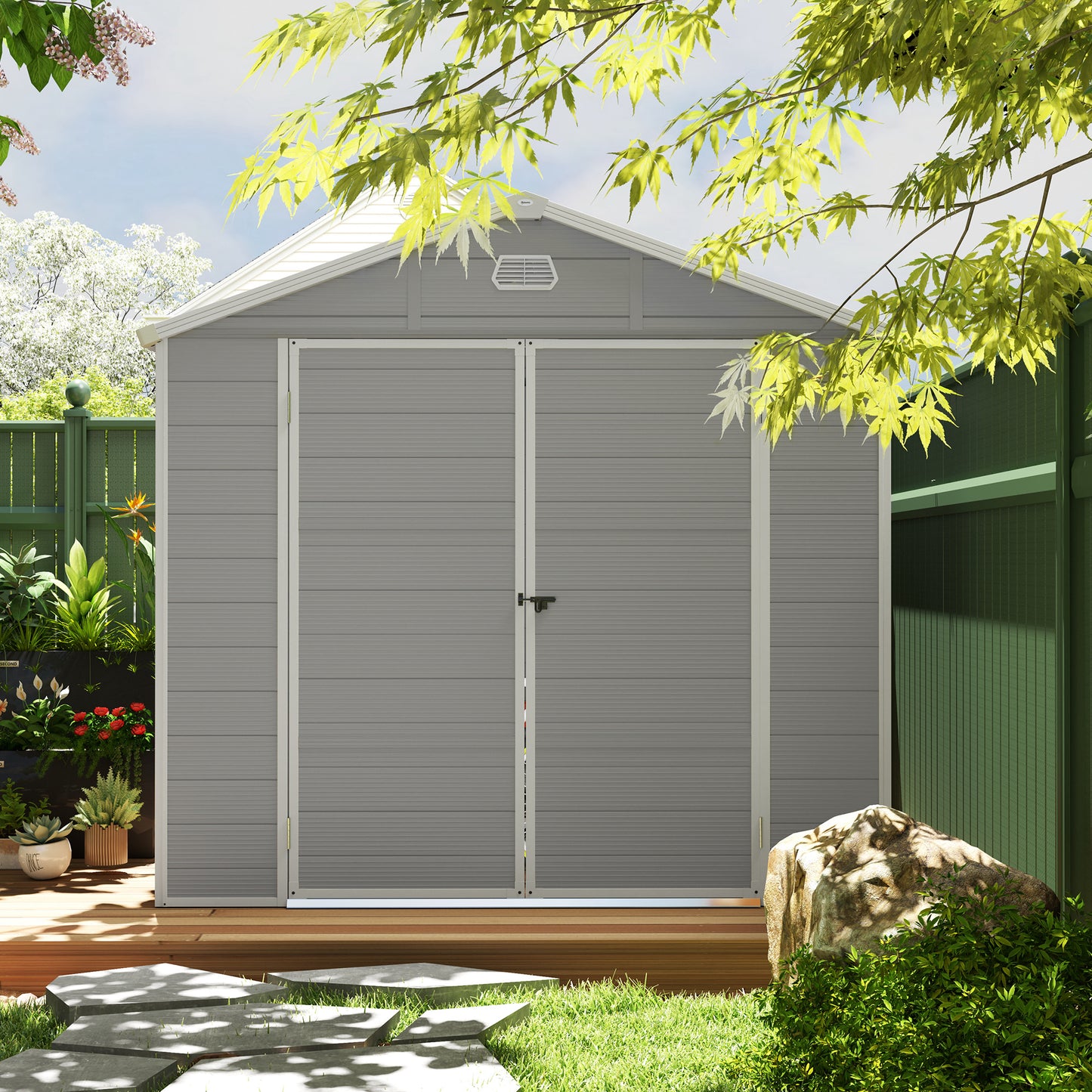 7.9ft x 6.2ft Light Grey Shed with Aluminium Frame, Plastic Walls, and Foundation