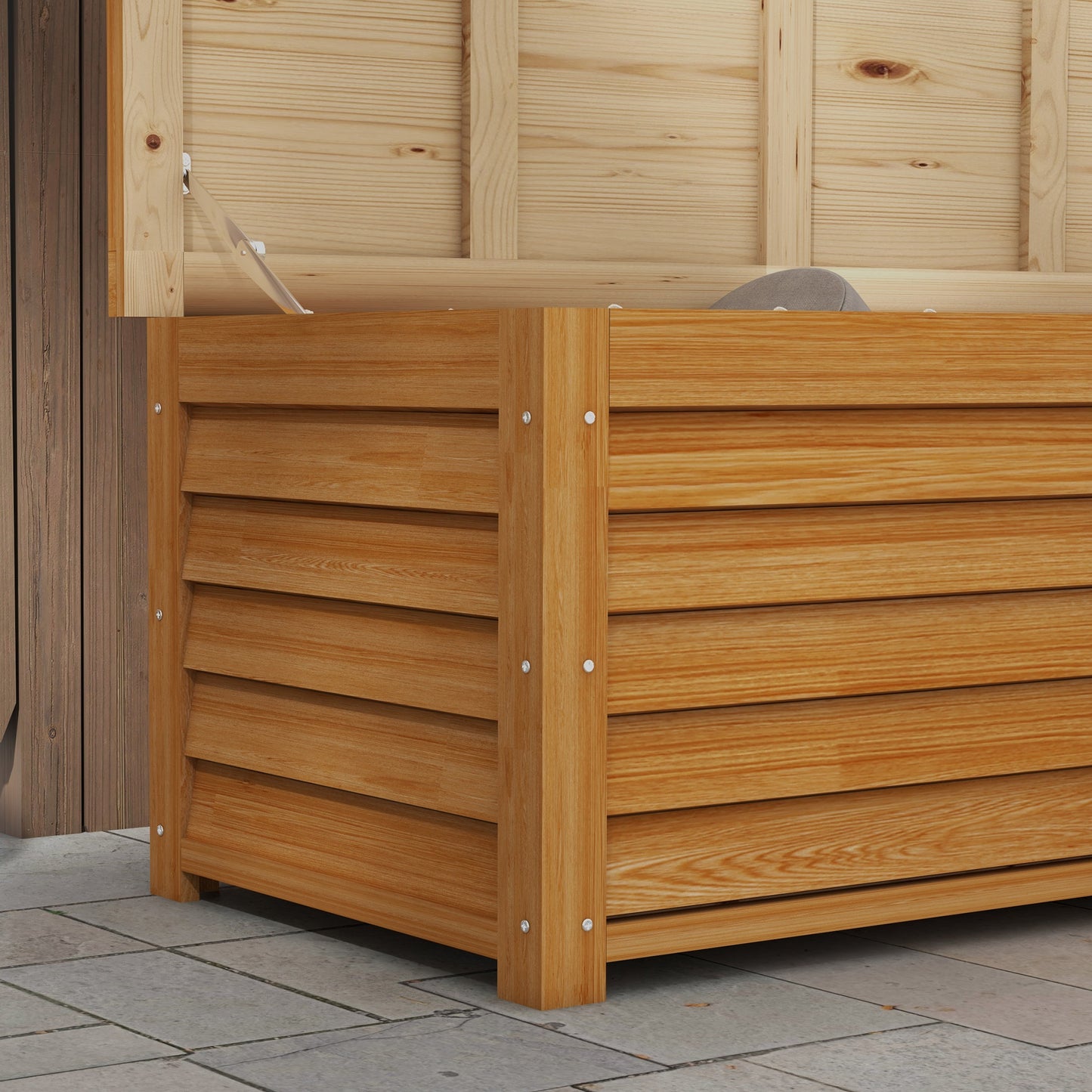 292L Light Brown Outdoor Storage Box, Wooden Deck Box for Garden, Balcony, Porch, and Poolside