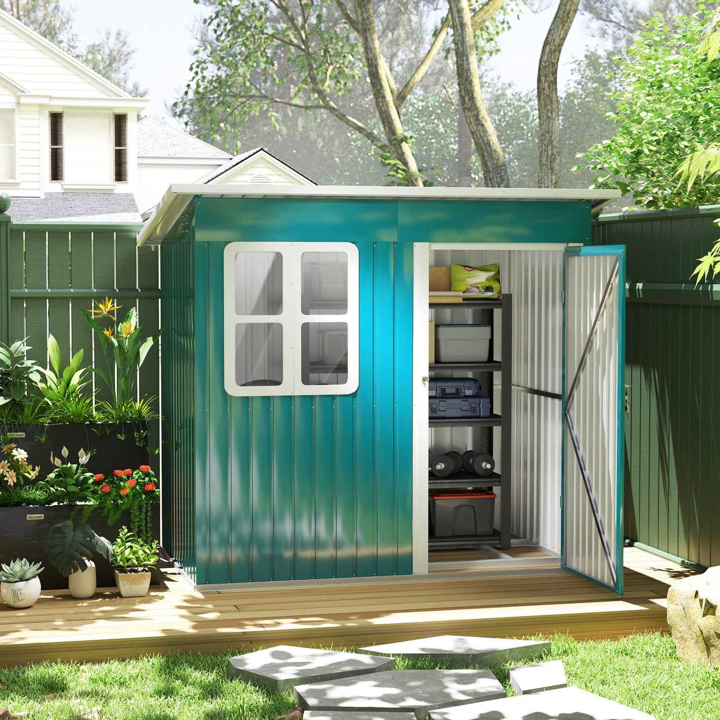 7 x 4ft Green Galvanized Steel Garden Shed with Lock and Gloves