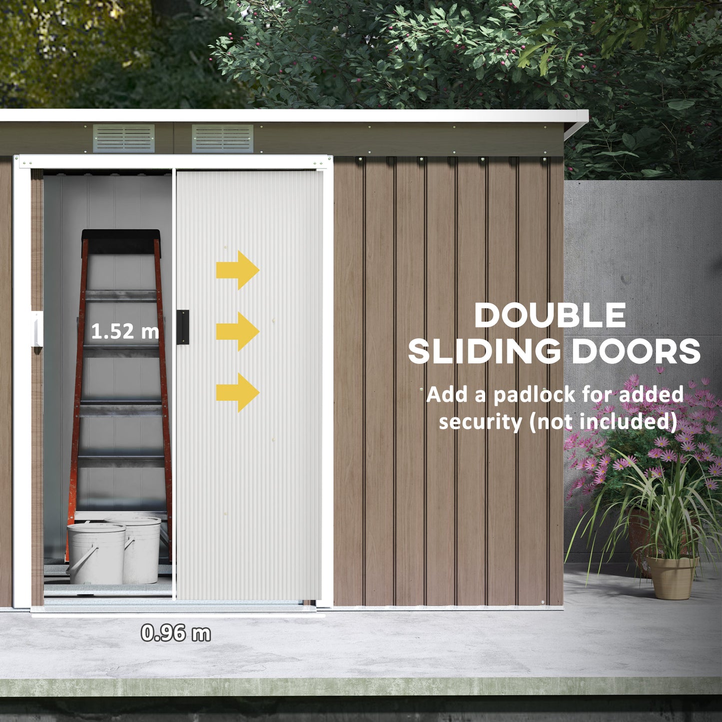 9ft x 4ft Light Grey Wood Grain Metal Garden Shed, Outdoor Tool Storage with Foundation Kit, Ventilation, and Double Doors
