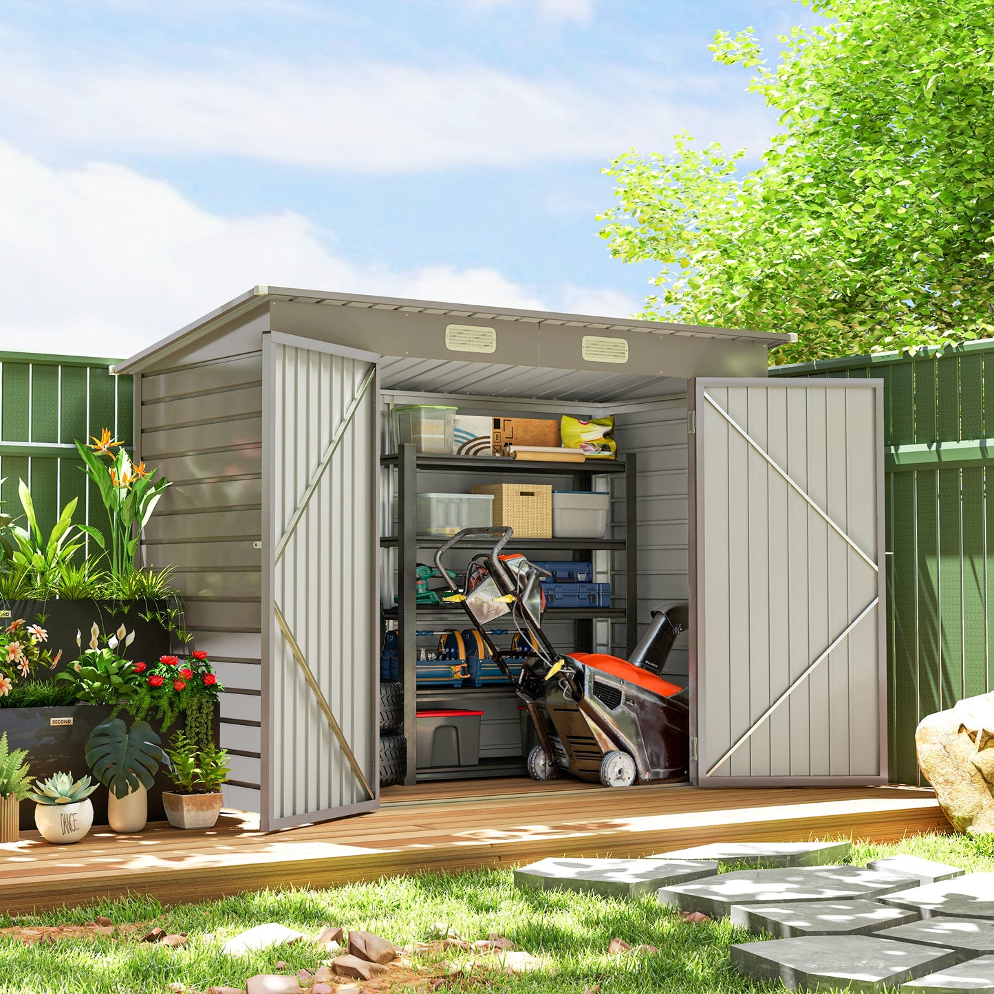 3.7 x 7.9ft Light Grey Galvanized Steel Shed with Latched Door and Padlock