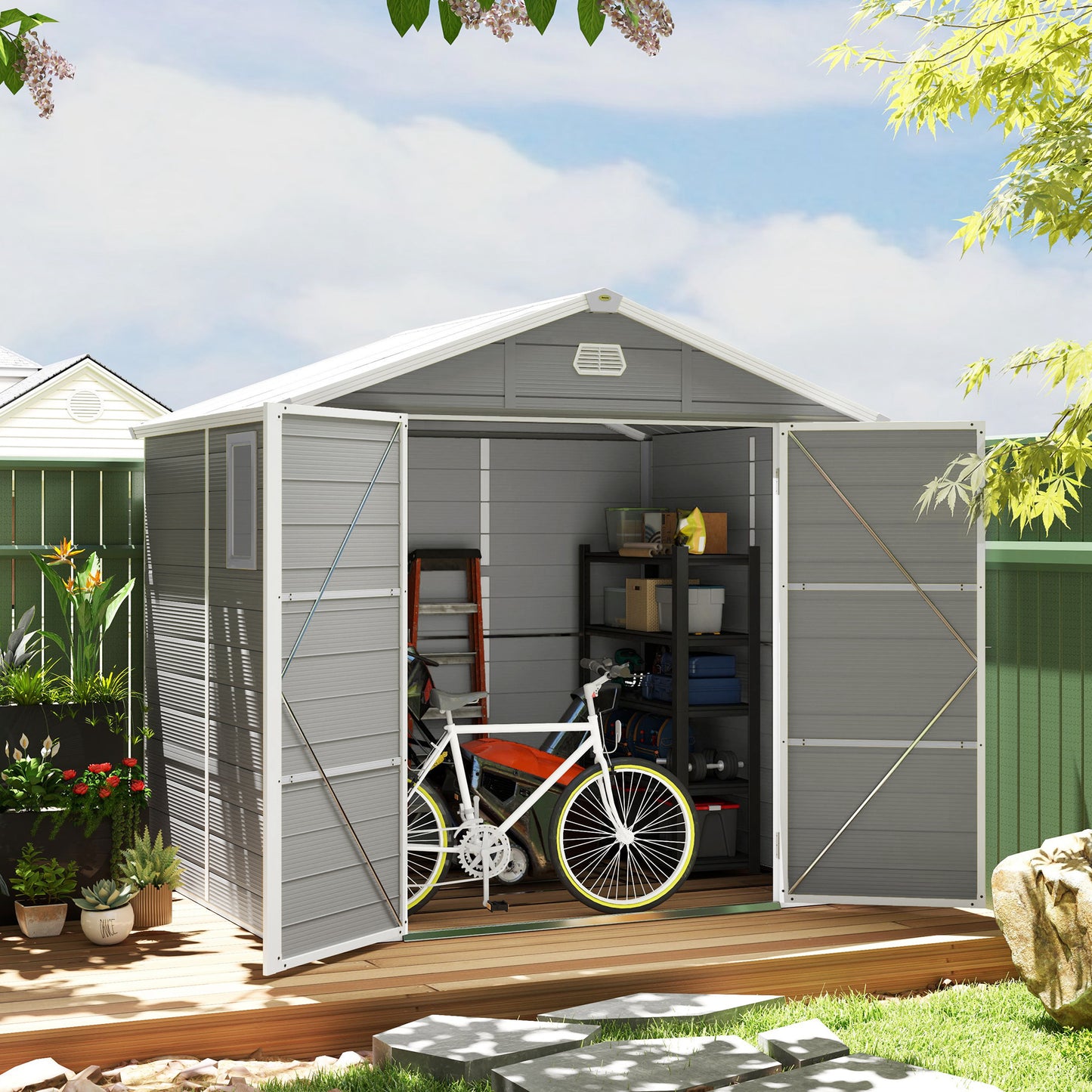 7.9ft x 6.2ft Light Grey Shed with Aluminium Frame, Plastic Walls, and Foundation