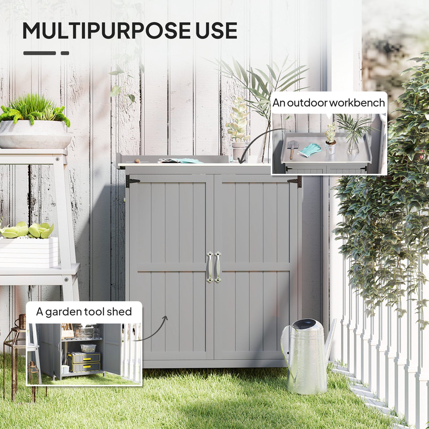 Grey Wooden Garden Shed, Outdoor Tool Storage with Hinged Roof, Shelf, and Double Doors