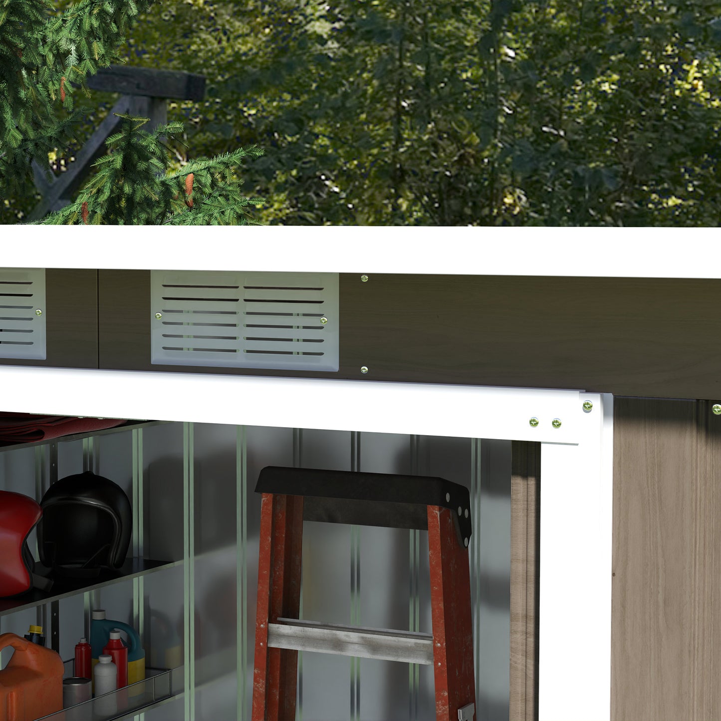 9ft x 4ft Light Grey Wood Grain Metal Garden Shed, Outdoor Tool Storage with Foundation Kit, Ventilation, and Double Doors