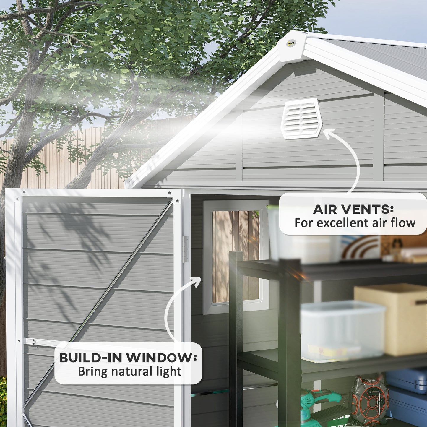 7.9ft x 6.2ft Light Grey Shed with Aluminium Frame, Plastic Walls, and Foundation