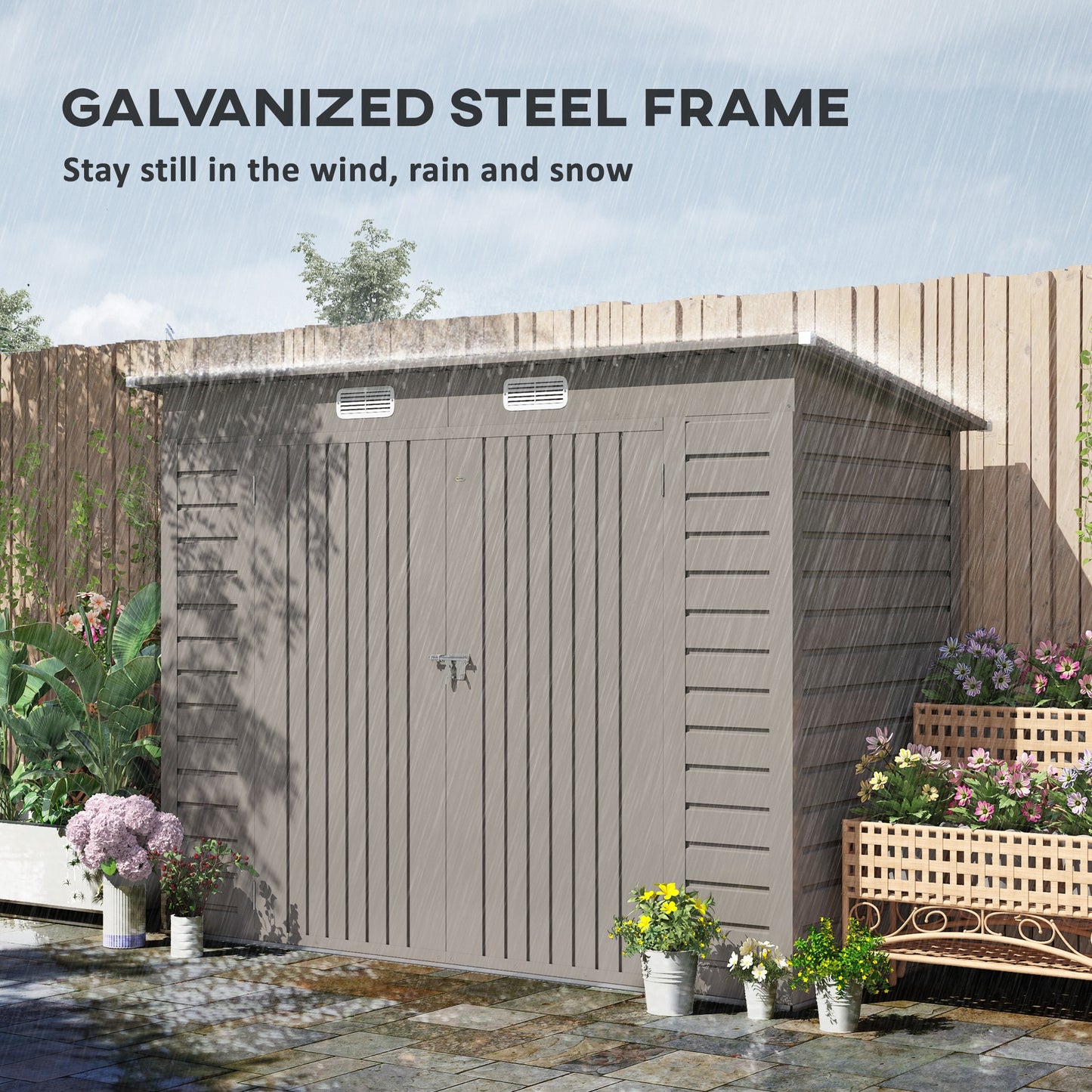 3.7 x 7.9ft Light Grey Galvanized Steel Shed with Latched Door and Padlock