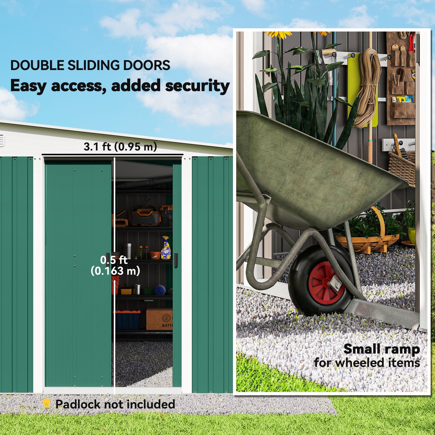 Garden Metal Storage Shed Outdoor Metal Tool House with Double Sliding Doors and 2 Air Vents, 11.3x9.2ft, Green