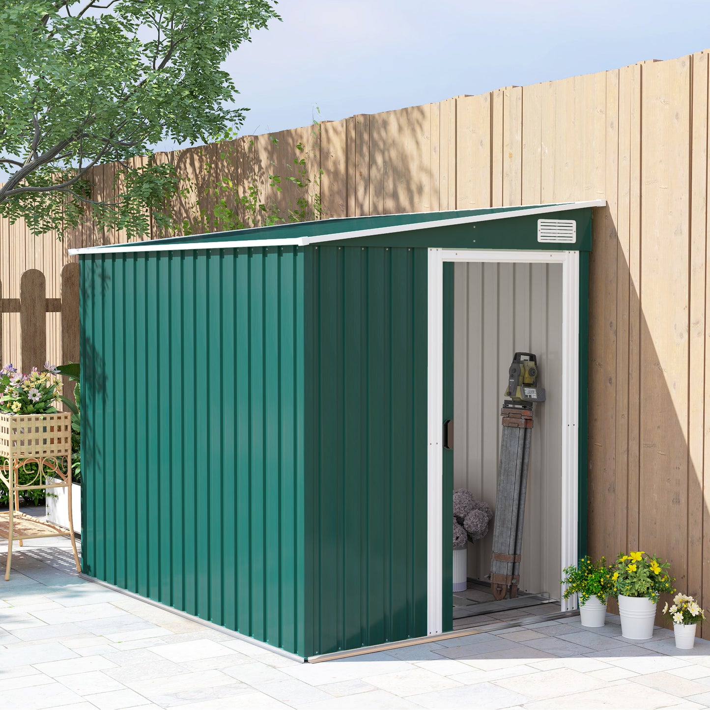 7 x 5ft Green Galvanized Metal Shed with Sliding Door