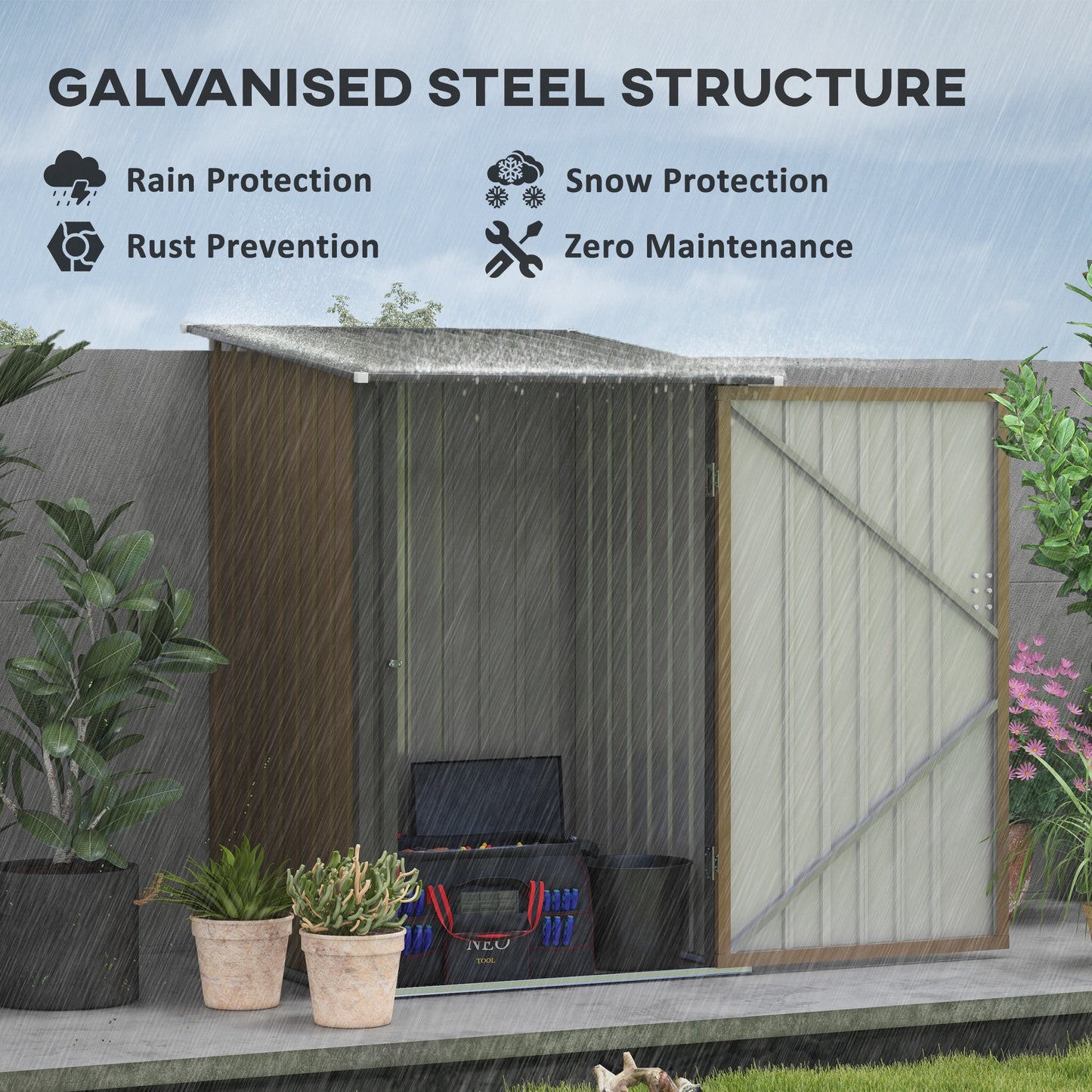 3.3 x 3.4ft Lean-To Steel Garden Shed with Locking Door - Brown/Grey
