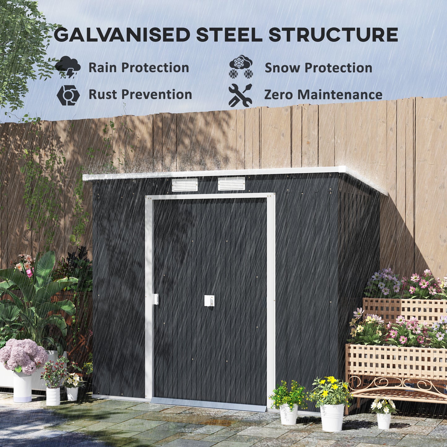 7 x 4ft Dark Grey Galvanized Steel Garden Shed with Foundation Kit