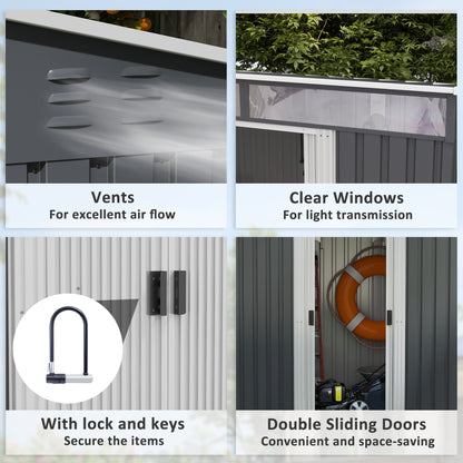 6.5 x 4ft Grey Galvanized Metal Shed with Foundation Kit, Lockable Garden Tool Shed, Double Sliding Doors, and Vents