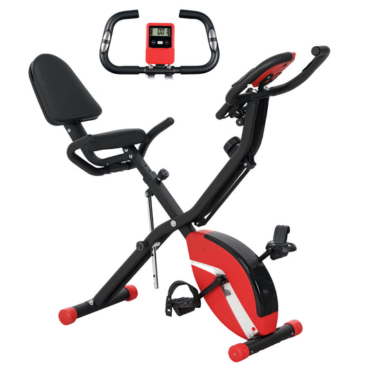 SPORTNOW 5-In-1 Folding Exercise Bike with Arm Workout Bands, Quiet 8-Level Magnetic Resistance Foldable Exercise Bike with LCD, Tablet Holder, Hand Pulse Sensor for Home Use Indoor Cycling, Red