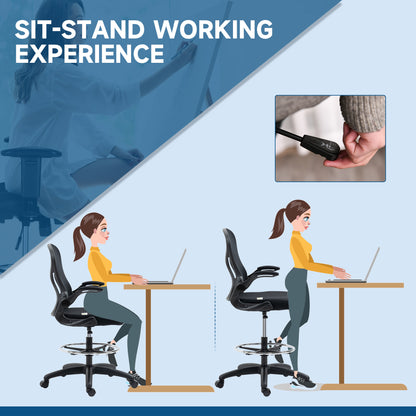 Vinsetto Adjustable Mesh Standing Desk Chair with Flip-up Armrests Lumbar Support Armrests Adjustable Footrest Ring Black