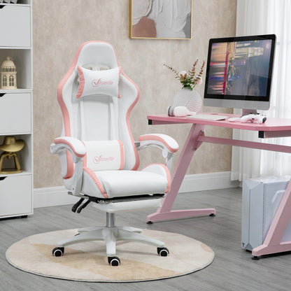 Vinsetto Computer Gaming Chair, PU Leather Desk Chair with Footrest, Swivel Task Chair with 135° Reclining Back and Lumbar Support, PC Chair for Adults, White and Pink