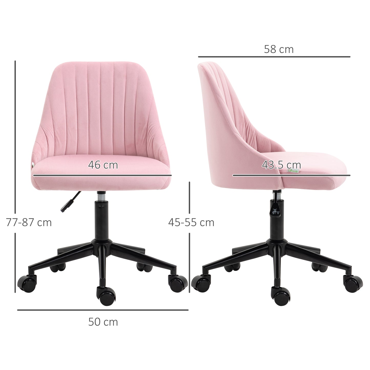 Vinsetto Velvet-Feel Armless Office Chair - Pink