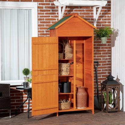 Outsunny Wooden Outdoor Storage Shed, Compact Utility Outdoor Tool Shed with Lockable Double Doors and Shelves, Orange