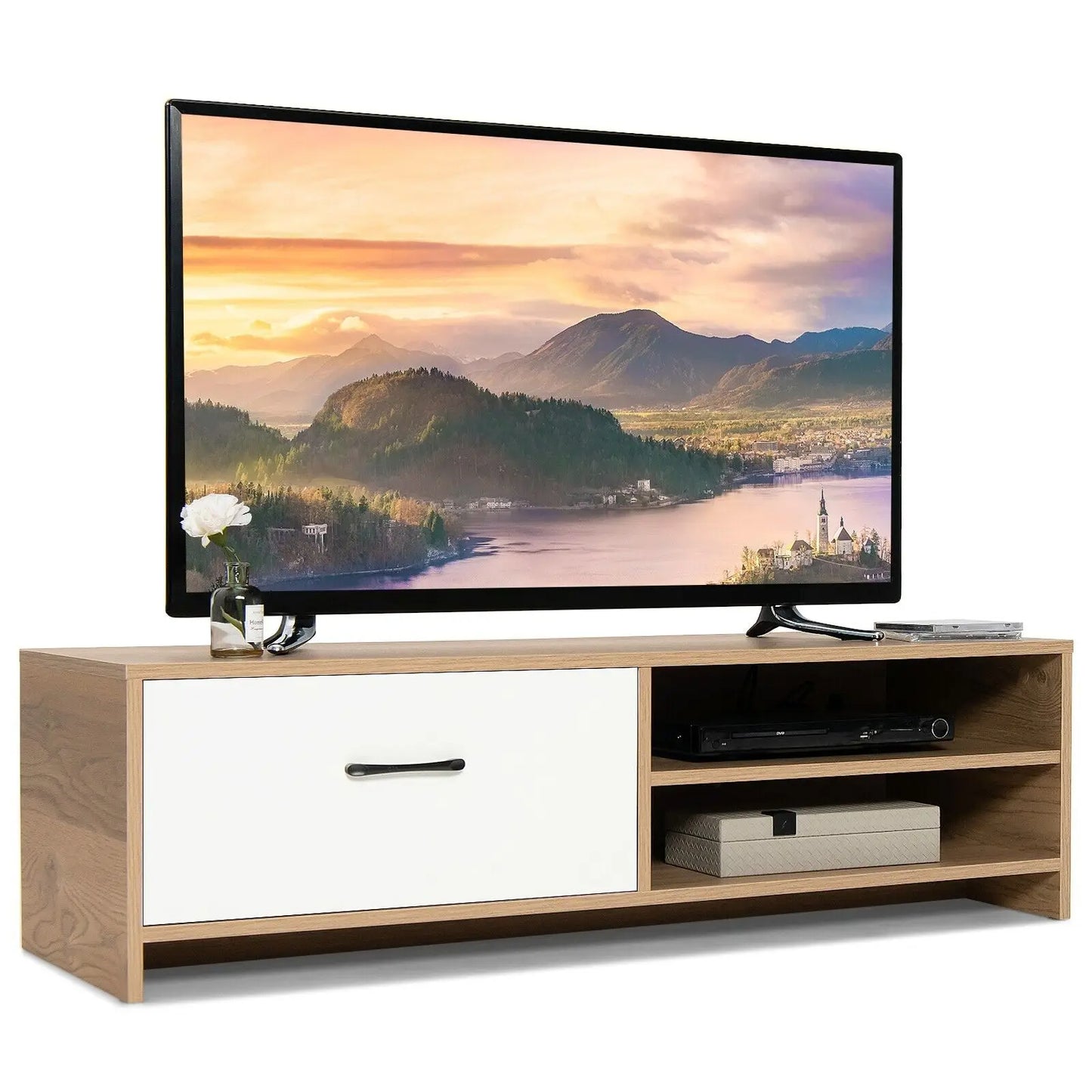 TV Stand for 55-Inch TV, TV Console Table with 2 Open Shelf & Drawer, Modern Media Console Cabinet