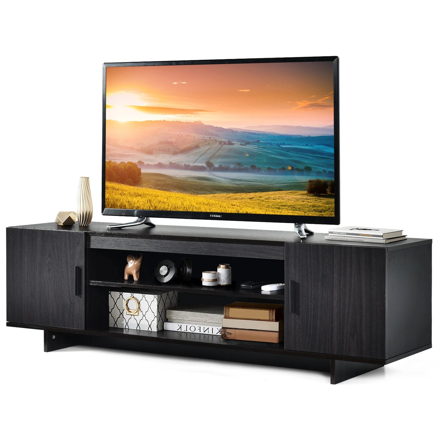 Mid Century Modern Wood Universal Stand for TV up to 65", Media Console with 2 Storage Cabinets & Open Shelves