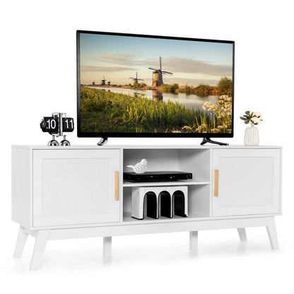 Natural Rattan TV Stand for 65-Inch TV, Media Storage Cabinet w/2 Doors, Adjustable Shelf