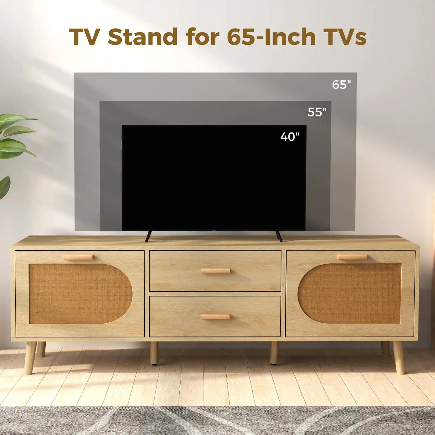 Rattan TV Stand for 65-Inch TV 150CM TV Console Cabinet with Drawers