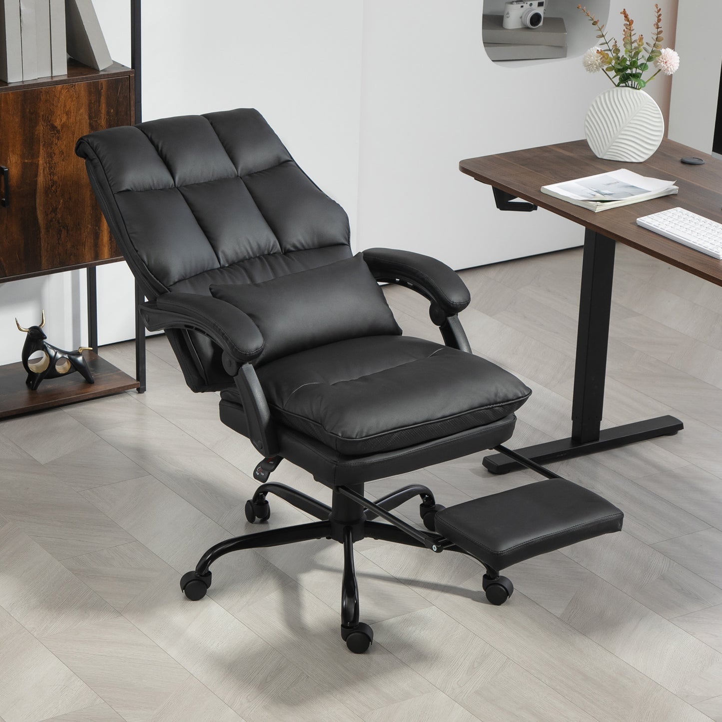 HOMCOM Faux Leather Reclining Office Chair, with Footrest - Black