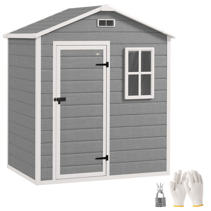 6 x 4ft Grey Plastic Garden Shed, with Floor, Window, Lockable Door, Vents, and Wood-Effect Resin for Outdoor Storage